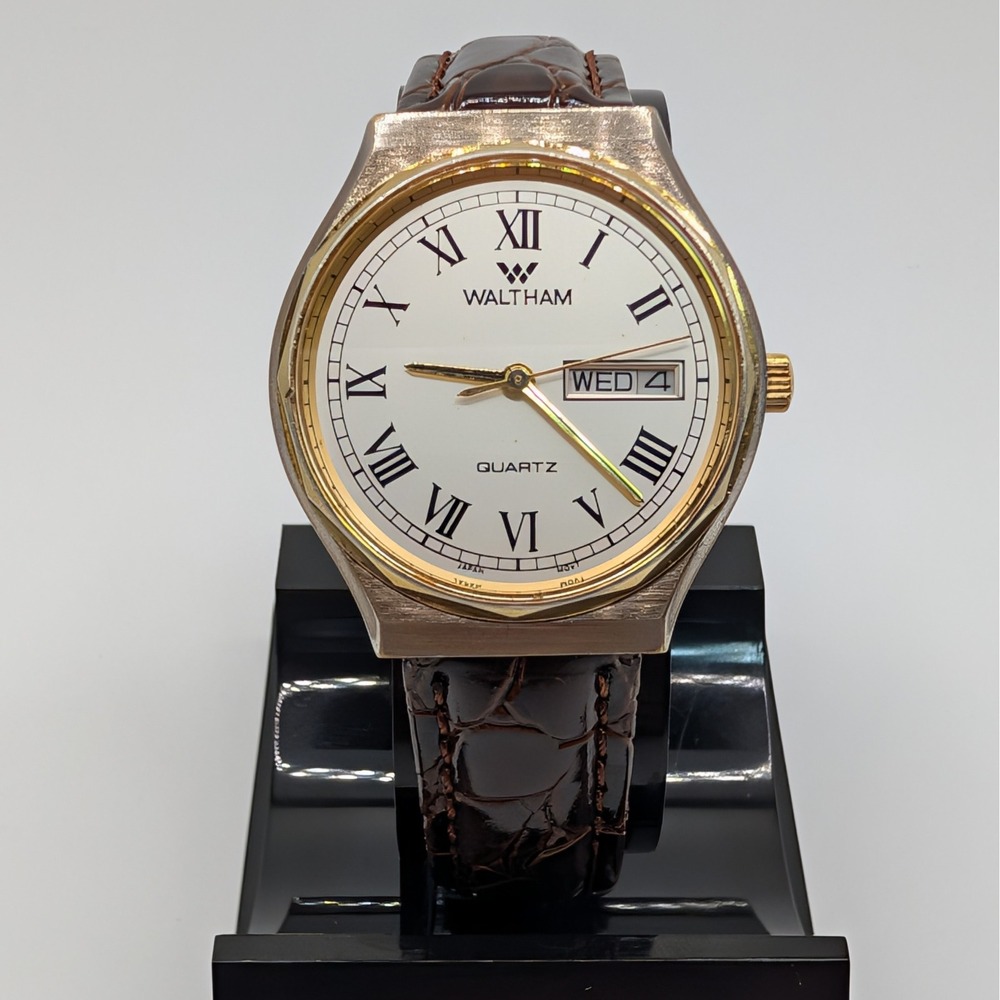 Waltham Quartz Watch Gold‎ Tone Roman Dial Day Date 33mm Sapphire Crystal